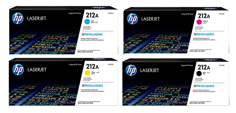 Toner para HP M554dn / HP 212A | 2405 - Toner para HP Color LaserJet Enterprise M554dn. El Kit incluye: W2120A Negro, W2121A Cian, W2122A Amarillo, W2123A Magenta. Rendimiento: Color 4.500 / Negro 5.500 Páginas al 5%. 