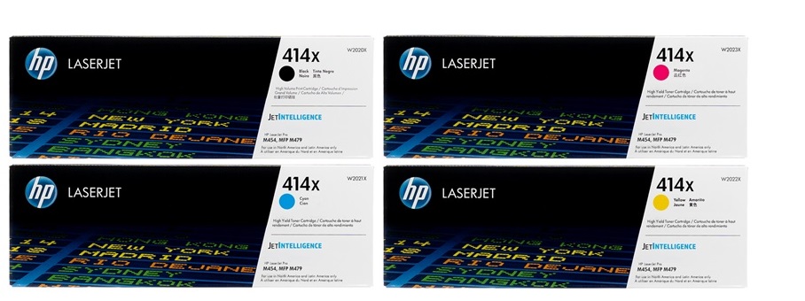 Toner para HP LaserJet Pro M454dw / HP 414X | 2201 - Toner Original HP 414X. El Kit Incluye: W2020X Negro, W2021X Cian, W2022X Amarillo, W2023X Magenta. Rendimiento Estimado: Negro 7.500 Paginas / Color 6.000 Paginas al 5%. 