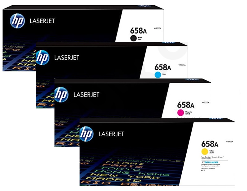 Toner para HP LaserJet M751dn / HP 658A | 2203 - Toner Original HP 658A. El Kit Incluye: W2000A Negro, W2001A Cian, W2002A Amarillo, W2003A Magenta. Rendimiento Estimado: Negro 7.000 Páginas / Color 6.000 Páginas al 5%. 