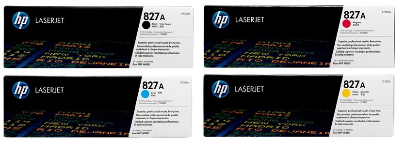 Toner para HP LaserJet M880z / HP 827A | Original Toner HP 827A. El Kit Incluye: CF300A Negro, CF301A Cian, CF302A Amarillo, CF303A Magenta. Rendimiento Estimado: Negro 29.500 Pag. / Color 32.000 Pag. al 5%. M880z+ NFC 