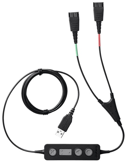 Cable de Entrenamiento USB - Jabra Link 265 USB/QD | 2109 - Training Cable, conecta dos auriculares Jabra Quick Disconnect (QD, desconexión rápida) a un PC, de modo que los supervisores puedan permanecer silenciados o sumarse a la conversación. 265-09