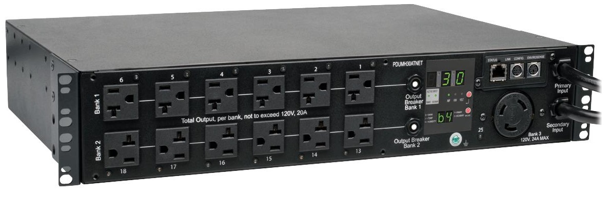 ATS / PDU Monofásico 2.9kW - TrippLite PDUMH30ATNET | 2110 - PDU con Switch de Transferencia Automática / ATS Monofásico de 30A 120V, Rack 2U, 25x Tomacorrientes a 120V (24x 5-15/20R, 1x L5-30R), 2x L5-30P, 2 Cables de 3.05m, Conmutación de Estado Solido