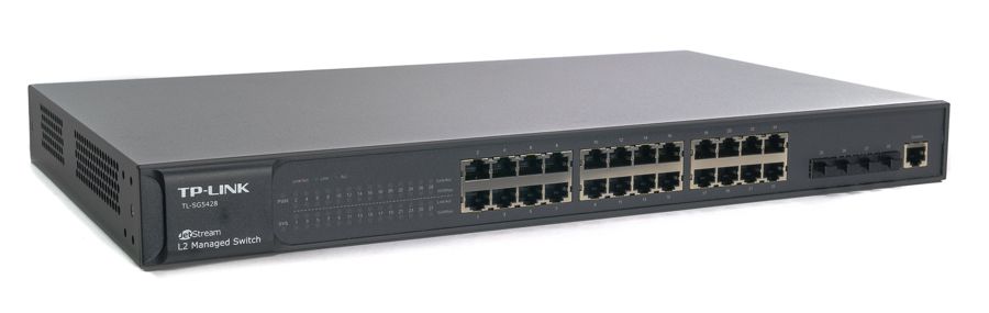  Switch 24-Puertos - TP-Link TL-SG5428 | Administrable Capa 2, 24 Lan Ports Gigabit, 4 SFP Ports Gigabit, Apilado Virtual (Stacking), VLAN, QoS, Snooping IGMP/DHCP, Port Mirroring, CLI, SNMP, RMON, ACL, Encriptación SSL o SSH. 3 Años de Garantía.  