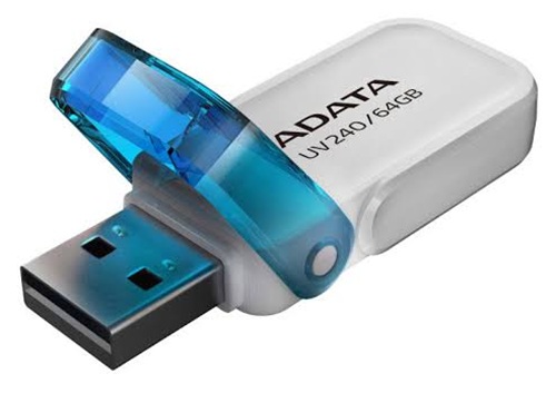ADATA UV240-64GB / Memoria USB | 2609 - ADATA AUV240-64G-RWH es una memoria USB UV240 para almacenamiento portátil, Capacidad: 64 GB, Color: Blanco/Azul, Material: Plástico, Interfaz: USB 2.0, Conector: USB Type-A, Diseño: Tapa abatible integrada