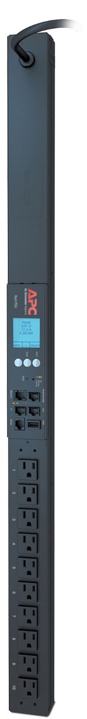 PDU APC AP8831 / 10-Salidas | 2301 – PDU APC de 10-Salidas, Voltaje de salida: 100V / 120V, Voltaje de entrada: 100 / 120VAC, 10x NEMA 5-15R (Salida) / NEMA 5-15P (Entrada), Carga: 1440VA, Corriente de entrada: 15A, Dimensiones: 90.2 x 5.5 x 4.4 cm