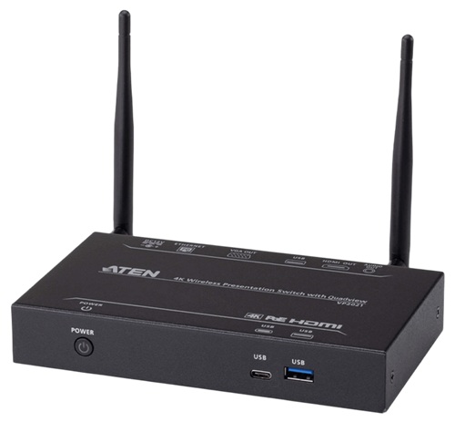 Switch de presentaciones / ATEN VP2021 | 2609 - ATEN VP2021 Switch de presentaciones inalámbrico 4K con vista cuádruple, Resolución: HDMI 4K a 30 Hz / VGA 1080p, Conectividad inalámbrica: IEEE 802.11ac, Alcance inalámbrico: Hasta 30m en 2.4 Ghz 