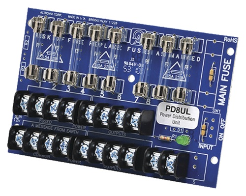 Altronix PD8UL / Módulo de energía | 2609 – Altronix PD8UL es un módulo distribuidor de energía que convierte una entrada de bajo voltaje en 8 salidas individuales protegidas por fusible, Entrada: 12 o 24 VDC hasta 10 A, Salidas: 8 con fusibles
