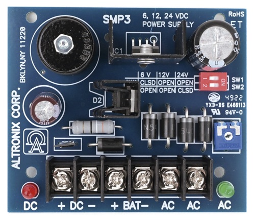 Altronix SMP-3 / Fuente de alimentación | 2609 – Altronix SMP-3 es una fuente de alimentación/cargador tipo tarjeta, Entrada de alimentación: 16 a 28 VAC, Salida seleccionable: 6, 12 o 24 VDC, Corriente de suministro continuo: 2,5 A