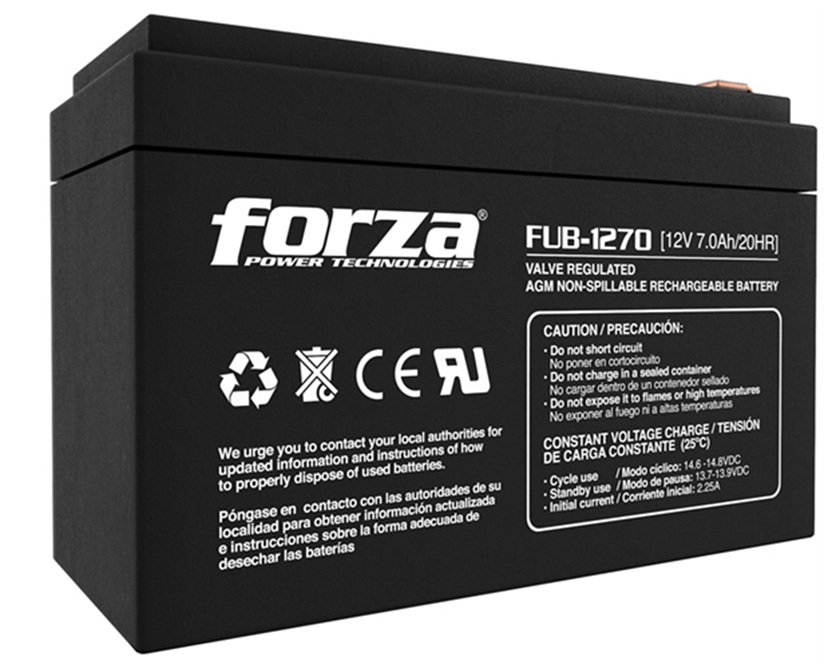 Batería 12V-7AH AGM / Forza FUB-1270 | 2607 – Forza FUB-1270 Batería recargable de plomo-ácido sellada con tecnología AGM (Absorbent Glass Mat), diseñada para UPS, sistemas de alarma, iluminación de emergencia, seguridad, herramientas eléctricas