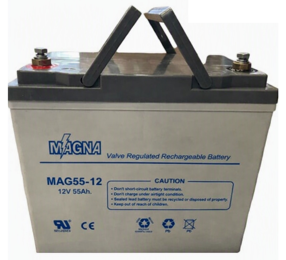 Batería 12V- 55AH GEL / MAGNA MAG55-12 | 2607 – Magna MAG55-12 es una batería tipo GEL de ciclo profundo con capacidad de 12V/55Ah (10 HR), Plomo ácido regulada por válvula, Sellada libre de mantenimiento, Terminal Tipo T11/M6, Gabinete ABS/ABS