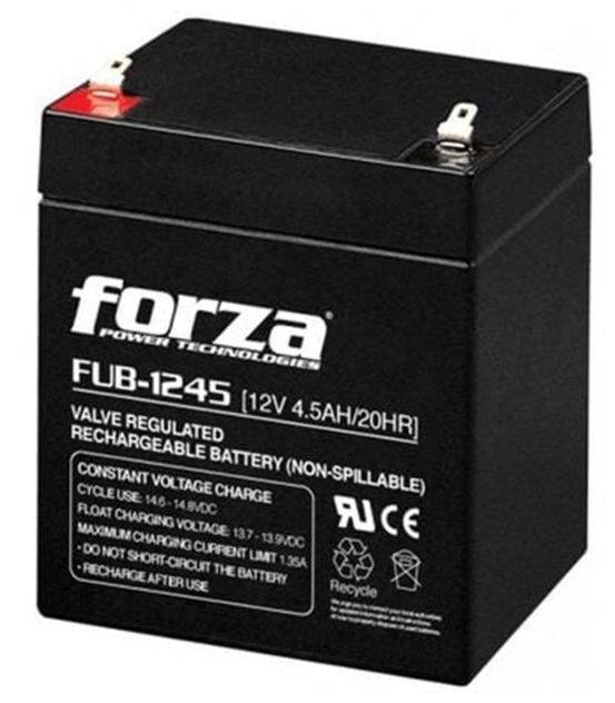 Batería 12V-4.5AH AGM / Forza FUB-1245 | 2607 – Forza FUB-1245 es una batería recargable de plomo-ácido sellada con tecnología AGM (Absorbent Glass Mat), diseñada para aplicaciones de UPS, sistemas de alarma, iluminación de emergencia, seguridad