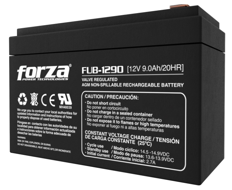 Batería 12V-9AH AGM / Forza FUB-1290 | 2607 –  Forza FUB-1290 es una batería recargable de plomo-ácido sellada con tecnología AGM (Absorbent Glass Mat), diseñada para UPS, sistemas de alarma, iluminación de emergencia, equipos médicos, robótica