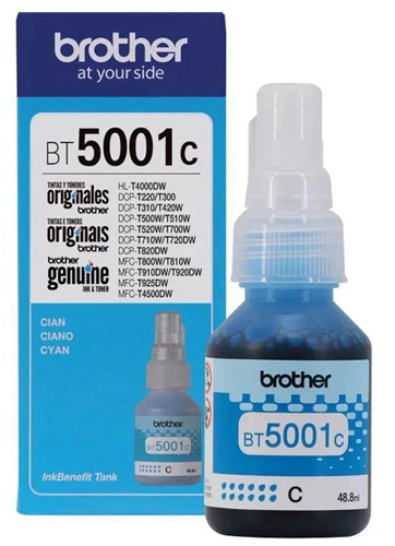 Tinta Brother BT5001C / Cian 5.000 páginas | 2609 - Brother BT5001C es una botella de tinta original Cian de ultra alto rendimiento para equipos Brother de inyección de tinta con sistema de tanque, Rendimiento: Aproximadamente 5.000 páginas