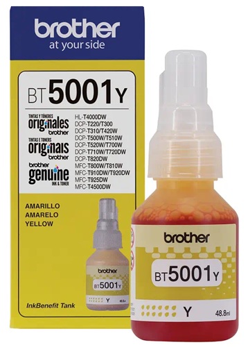 Tinta Brother BT5001Y / Amarillo 5.000 páginas | 2609 - Brother BT5001Y es una botella de tinta original Amarilla de ultra alto rendimiento para equipos Brother de inyección de tinta con sistema de tanque, Rendimiento: Aproximadamente 5.000 páginas