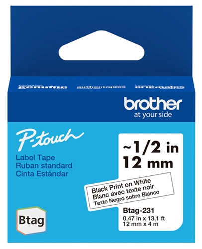 Cinta para Etiquetas / Brother BTAG231 | 2609 - Brother BTAG231 Cinta original P-touch Btag para creación de etiquetas, Color de impresión: Negro, Color de cinta: Blanco, Ancho: 12 mm, Longitud: 4 m, Compatibilidad: Brother PT-N10, PT-N20, PT-N25 
