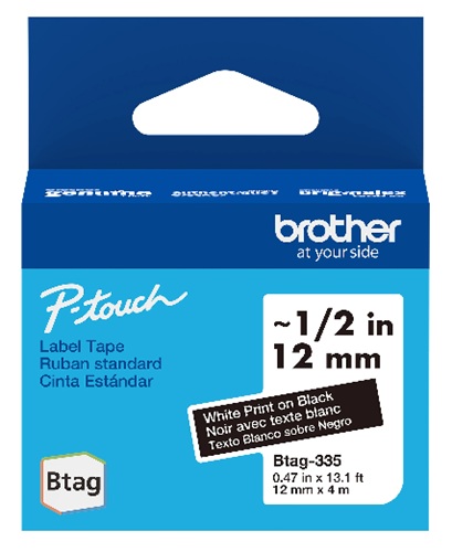 Cinta para Etiquetas / Brother BTAG335 | 2609 - Brother BTAG335 es una cinta original P-touch Btag Blanco sobre Negro para creación y personalización de etiquetas, Ancho: 12 mm, Longitud: 4 m, Capacidad de impresión: Hasta 2 líneas de texto