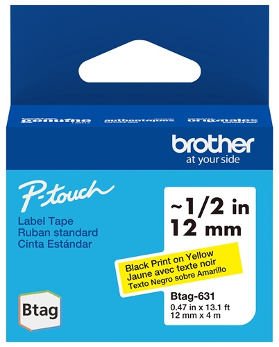Cinta para Etiquetas / Brother BTAG631 | 2609 - Brother BTAG631 es una cinta original P-touch Btag Negro sobre Amarillo para creación y personalización de etiquetas, Ancho: 12 mm, Longitud: 4 m, Capacidad de impresión: Hasta 2 líneas de texto