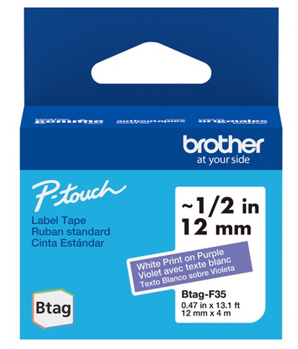 Cinta para Etiquetas / Brother BTAGF35 | 2609 - Brother BTAGF35 es una cinta original P-touch Btag Blanco sobre Púrpura para creación y personalización de etiquetas, Ancho: 12 mm, Longitud: 4 m, Capacidad de impresión: Hasta 2 líneas de texto