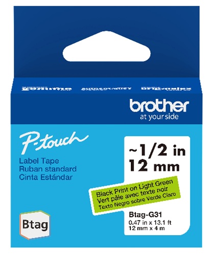 Cinta para Etiquetas / Brother BTAGG31 | 2609 - Brother BTAGG31 es una cinta original P-touch Btag Negro sobre Verde para creación y personalización de etiquetas, Ancho: 12 mm, Longitud: 4 m, Capacidad de impresión: Hasta 2 líneas de texto