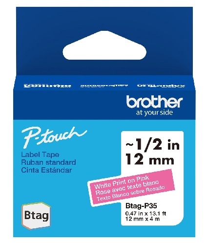 Cinta para Etiquetas / Brother BTAGP35 | 2609 - Brother BTAGP35 es una cinta original P-touch Btag Blanco sobre Rosa para creación y personalización de etiquetas, Ancho: 12 mm, Longitud: 4 m, Capacidad de impresión: Hasta 2 líneas de texto