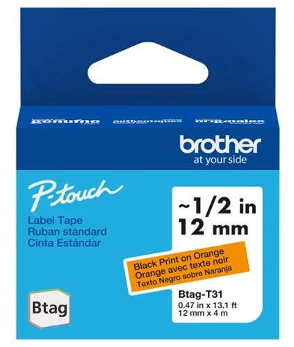 Cinta para Etiquetas / Brother BTAGT31 | 2609 - Brother BTAGT31 es una cinta original P-touch Btag Negro sobre Naranja para creación y personalización de etiquetas, Ancho: 12 mm, Longitud: 4 m, Capacidad de impresión: Hasta 2 líneas de texto