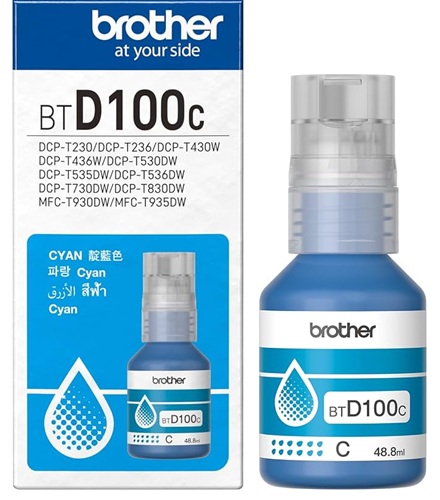 Tinta Brother BTD100C / Cian 5.000 páginas | 2609 - Brother BTD100C es una botella de tinta original Cian para equipos Brother con sistema de tanques de tinta, Rendimiento: Aproximadamente 5.000 páginas, Patron de prueba ISO/IEC 24712 