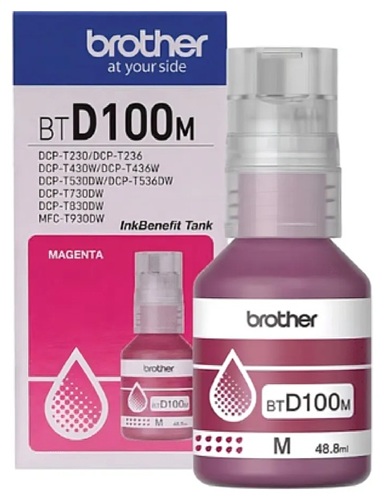 Tinta Brother BTD100M / Magenta 5.000 páginas | 2609 - Brother BTD100M es una botella de tinta original Magenta para equipos Brother con sistema de tanques de tinta, Rendimiento: Aproximadamente 5.000 páginas, Patron de prueba ISO/IEC 24712