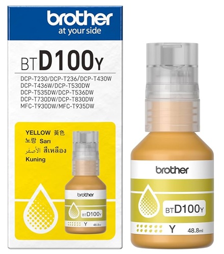 Tinta Brother BTD100Y / Amarilla 5.000 páginas | 2609 - Brother BTD100Y es una botella de tinta original Amarillo para equipos Brother con sistema de tanques de tinta, Rendimiento: Aproximadamente 5.000 páginas, Patron de prueba ISO/IEC 24712 