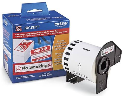 Cinta para Etiquetas / Brother DK2251 | 2609 - Brother DK2251 es una cinta de papel original de longitud continua para impresión de etiquetas en Negro y Rojo sobre fondo Blanco, Ancho: 62 mm, Longitud: 15,2 m, Formato: Longitud continua cortable