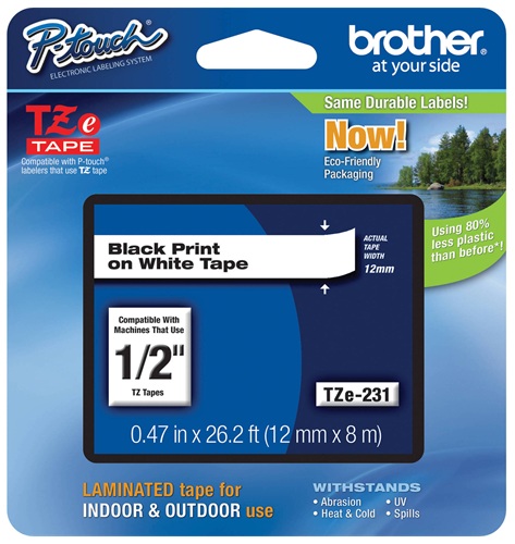 Cinta para Etiquetas / Brother TZE231G | 2609 - Brother TZE231G Cinta laminada original P-touch TZe Negro sobre Blanco para etiquetado en interiores y exteriores, Ancho: 12 mm, Longitud: 8 m, Construcción: Laminación de 7 capas, Resistencia: Agua