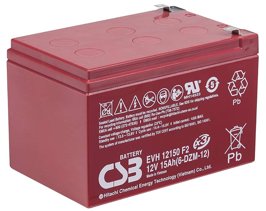 Batería AGM movilidad eléctrica / CSB EVH12150 F2 | 2608 – CSB EVH12150 F2 AGM es una Batería VRLA-AGM de 12V optimizada para aplicaciones de movilidad eléctrica y ciclo profundo. Capacidad nominal: 15 Ah a 20h, Tecnología AGM libre de mantenimiento