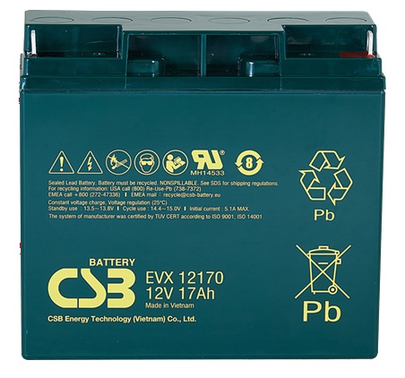 Batería AGM movilidad eléctrica / CSB EVX12170 | 2608 – CSB EVX12170 es una batería VRLA-AGM de 12V optimizada para aplicaciones de movilidad eléctrica y ciclo profundo. Capacidad nominal: 17 Ah a 20h, Tecnología: AGM libre de mantenimiento 