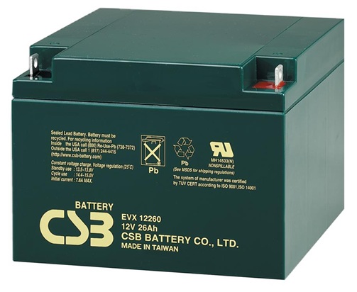 Batería AGM movilidad eléctrica / CSB EVX12260 | 2608 – CSB EVX12260 AGM es una batería VRLA-AGM de 12V optimizada para aplicaciones de movilidad eléctrica y ciclo profundo. Capacidad nominal: 26 Ah a 20h, Tecnología: AGM libre de mantenimiento