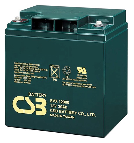 Batería AGM movilidad eléctrica / CSB EVX12300 | 2608 – CSB EVX12300 es una batería VRLA-AGM de 12V optimizada para aplicaciones de movilidad eléctrica y ciclo profundo. Capacidad nominal: 30 Ah a 20h, AGM libre de mantenimiento con recombinación de gas