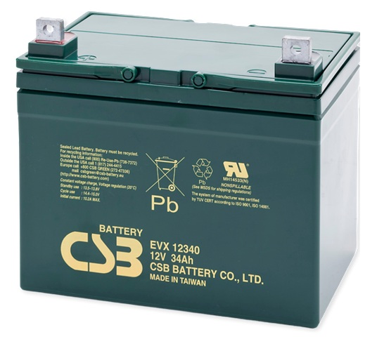 Batería AGM movilidad eléctrica / CSB EVX12340 | 2608 – CSB EVX12340 AGM es una batería VRLA-AGM de 12V optimizada para aplicaciones de movilidad eléctrica y ciclo profundo. Capacidad nominal: 34 Ah a 20h, Tecnología: AGM libre de mantenimiento 
