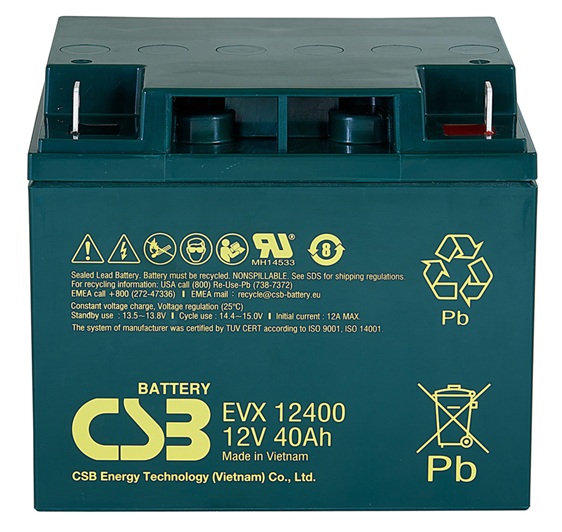 Batería AGM movilidad eléctrica / CSB EVX12400 | 2608 – CSB EVX12400 es una batería VRLA-AGM de 12V optimizada para aplicaciones de movilidad eléctrica y ciclo profundo. Capacidad nominal: 40 Ah a 20h, Tecnología: AGM libre de mantenimiento