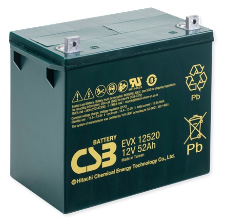 Batería AGM movilidad eléctrica / CSB EVX12520 | 2608 – CSB EVX12520 es una batería VRLA-AGM de 12V optimizada para aplicaciones de movilidad eléctrica y ciclo profundo. Capacidad nominal: 52 Ah a 20h, Tecnología: AGM libre de mantenimiento