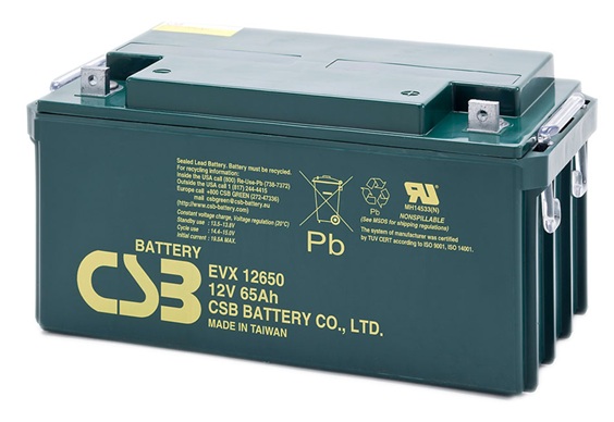 Batería AGM movilidad eléctrica / CSB EVX12650 | 2608 – CSB EVX12650 es una batería VRLA-AGM de 12V optimizada para aplicaciones de movilidad eléctrica y ciclo profundo. DC, Capacidad nominal: 65 Ah a 20h, AGM libre de mantenimiento con recombinación
