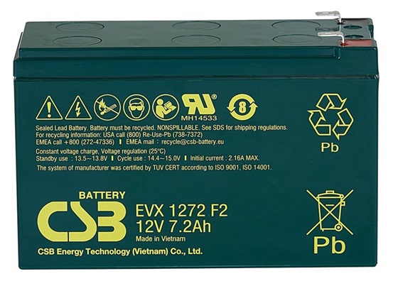 Batería AGM movilidad eléctrica / CSB EVX1272 | 2608 – CSB EVX1272 es una batería VRLA-AGM de 12V optimizada para aplicaciones de movilidad eléctrica y ciclo profundo. Capacidad nominal: 7.2 Ah a 20h, Tecnología: AGM libre de mantenimiento 