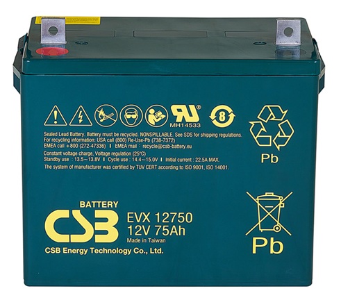 Batería AGM movilidad eléctrica / CSB EVX12750 | 2608 – CSB EVX12750 es una batería VRLA-AGM de 12V optimizada para aplicaciones de movilidad eléctrica y ciclo profundo. Capacidad nominal: 75 Ah a 20h, Tecnología: AGM libre de mantenimiento
