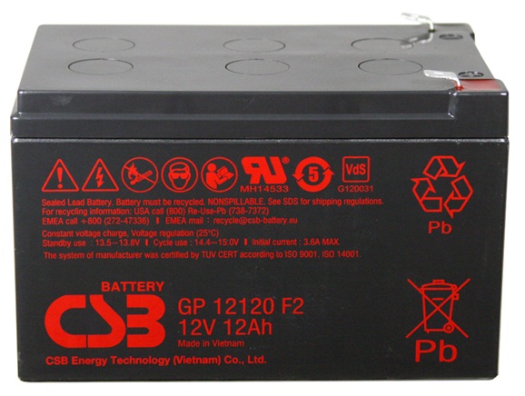 Batería AGM uso general / CSB GP12120 F2 AGM | 2608 – CSB GP12120 F2 AGM es una batería VRLA-AGM de 12V libre de mantenimiento y de propósito general. Capacidad nominal: 12 Ah a 20h, Tecnología: AGM con recombinación eficiente de gas de hasta 99%