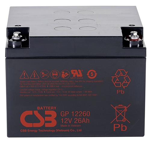 Batería AGM uso general / CSB GP12260 AGM | 2608 – CSB GP12260 AGM es una batería VRLA-AGM de 12V libre de mantenimiento y de propósito general. Capacidad nominal: 26 Ah a 20h, Tecnología: AGM con recombinación eficiente de gas de hasta 99%