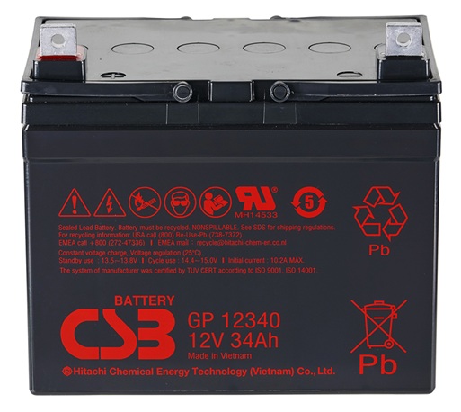 Batería AGM uso general / CSB GP12340 | 2608 – CSB GP12340 AGM Batería VRLA-AGM de 12V libre de mantenimiento y de propósito general. Capacidad nominal: 34 Ah a 20h, Tecnología AGM con recombinación de gas de hasta 99%, Corriente de carga 10.2A