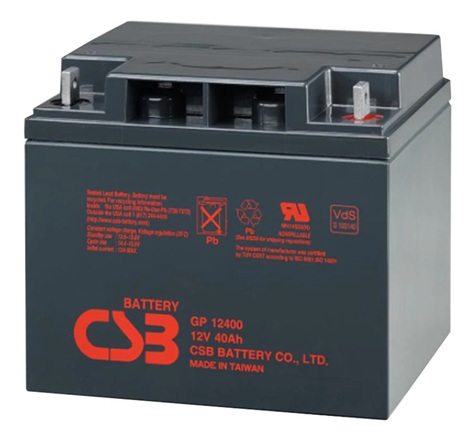 Batería AGM uso general / CSB GP12400 AGM | 2608 – CSB GP12400 AGM es una batería VRLA-AGM de 12V libre de mantenimiento y de propósito general con capacidad nominal: 40Ah a 20h, Tecnología: AGM con recombinación eficiente de gas de hasta 99%