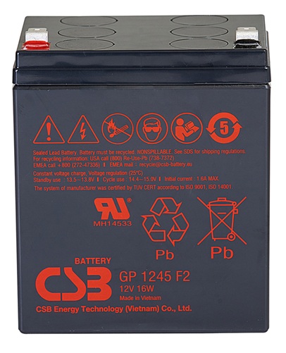 Batería AGM uso general / CSB GP1245 F2 | 2608 – CSB GP1245 F2 AGM es una batería de 12V propósito general, libre de mantenimiento, optimizada para aplicaciones de seguridad, iluminación de emergencia y equipos médicos. Capacidad nominal: 4.5 Ah a 20h