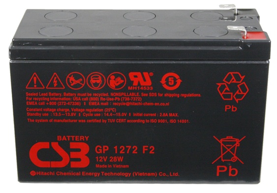 Batería AGM uso general / CSB GP1272 F2 | 2608 – CSB GP1272F2 AGM Batería de 12V libre de mantenimiento y de propósito general, optimizada para aplicaciones de seguridad, iluminación de emergencia y equipos médicos. Capacidad nominal: 28W a 15 min