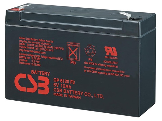 Batería AGM uso general / CSB GP6120 F2 | 2608 – CSB GP6120 F2 AGM Batería de 6V libre de mantenimiento y de propósito general, optimizada para aplicaciones de seguridad, iluminación de emergencia y equipos médicos. Capacidad nominal: 12 Ah a 20h
