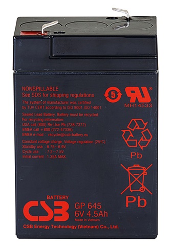 Batería AGM uso general / CSB GP645 F2 | 2608 – CSB GP645 F2 AGM Batería de 6V libre de mantenimiento y de propósito general, optimizada para aplicaciones de seguridad, iluminación de emergencia y equipos médicos. Capacidad nominal: 4.5 Ah a 20h
