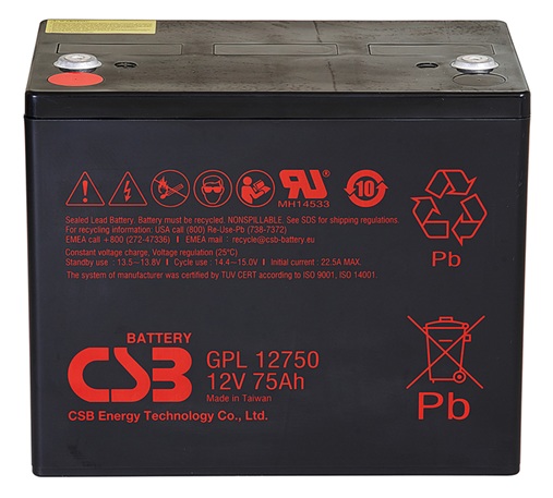 Batería AGM larga duración / CSB GPL12750 | 2608 – CSB GPL12750 AGM Batería VRLA-AGM de 12V larga duración y libre de mantenimiento, optimizada para aplicaciones de respaldo en servicio de flotación. Capacidad nominal: 75 Ah a 20h, Tecnología AGM