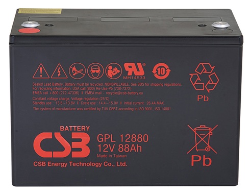 Batería AGM larga duración / CSB GPL12880 | 2608 – CSB GPL12880 AGM es una batería VRLA-AGM 12V de larga duración, libre de mantenimiento, optimizada para aplicaciones de respaldo en servicio de flotación. Capacidad nominal: 88 Ah a 20h, Tecnología AGM